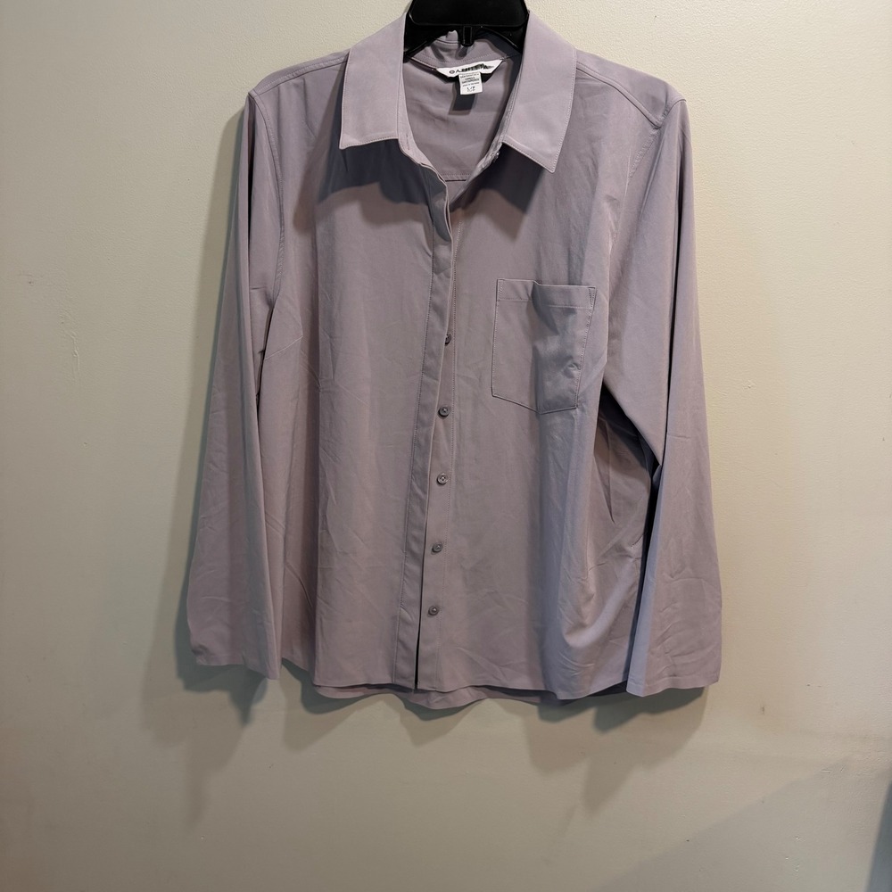Athleta Womens Large Petite Mauve Grey Button Down Stretch Shirt L/P 162‎